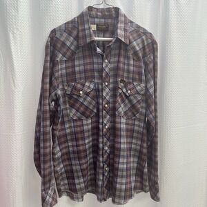 Wrangler Vtg Plaid Pearl Snap Western Cowboy Work Shirt Large 70's USA